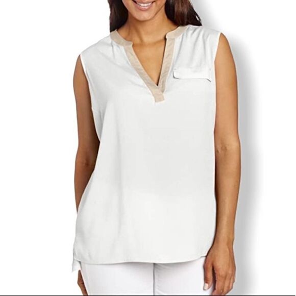 Calvin Klein Cream Tan Mixed-Media Blouse XL - Picture 1 of 9